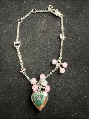 Vintage Christian Dior Silver Pink Bead Heart Charm Bracelet 6.5-8” Y2K